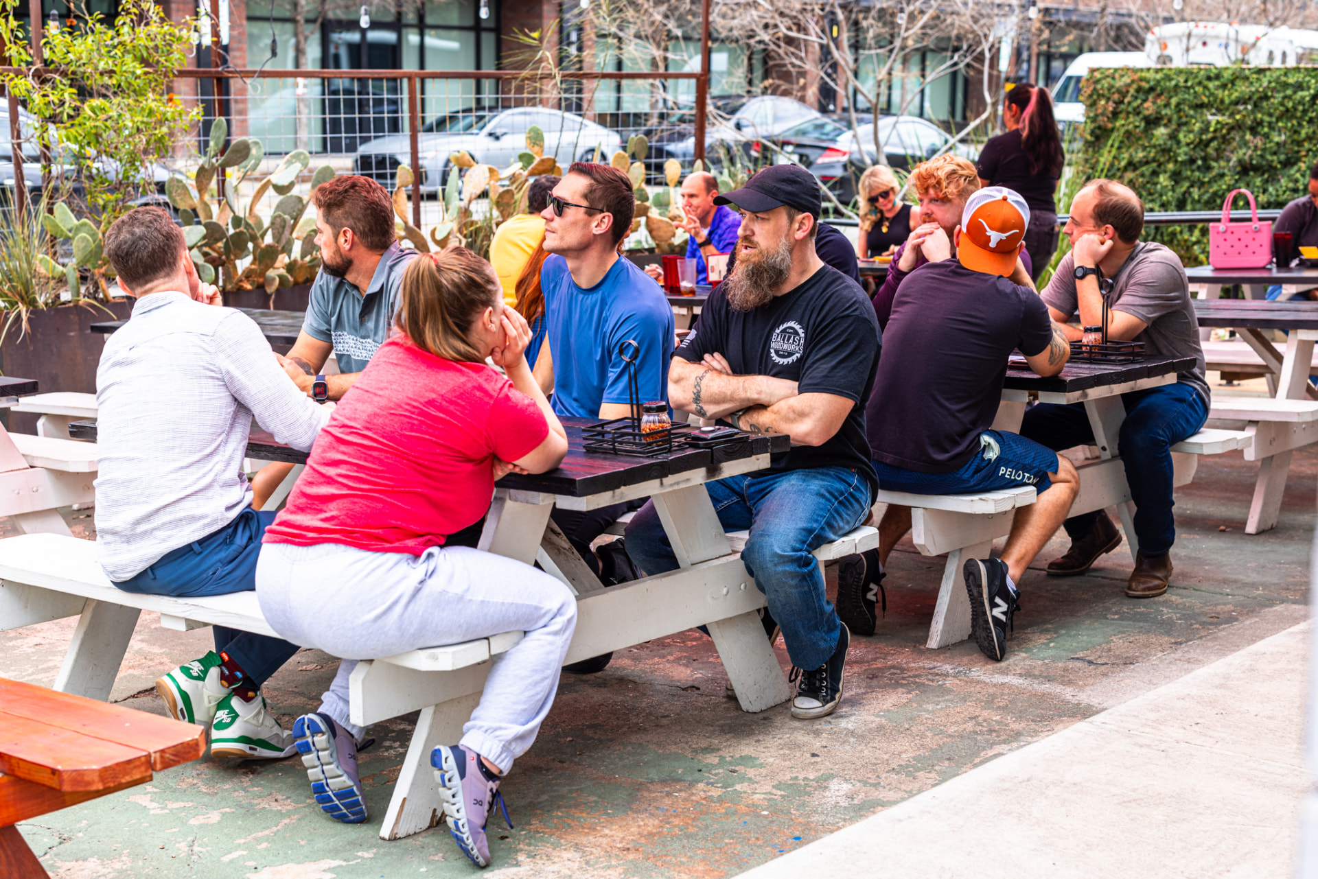 Colleagues talking on the patio